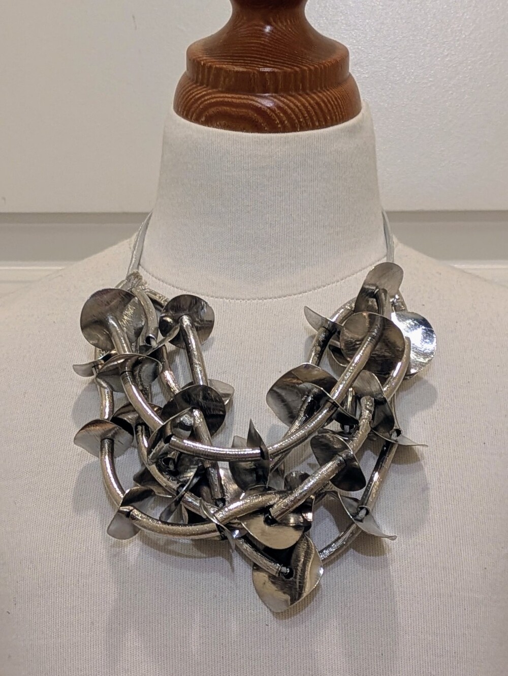 EUC 19" Handmade Mixed Media Silver Statement Necklace with Metal Discs